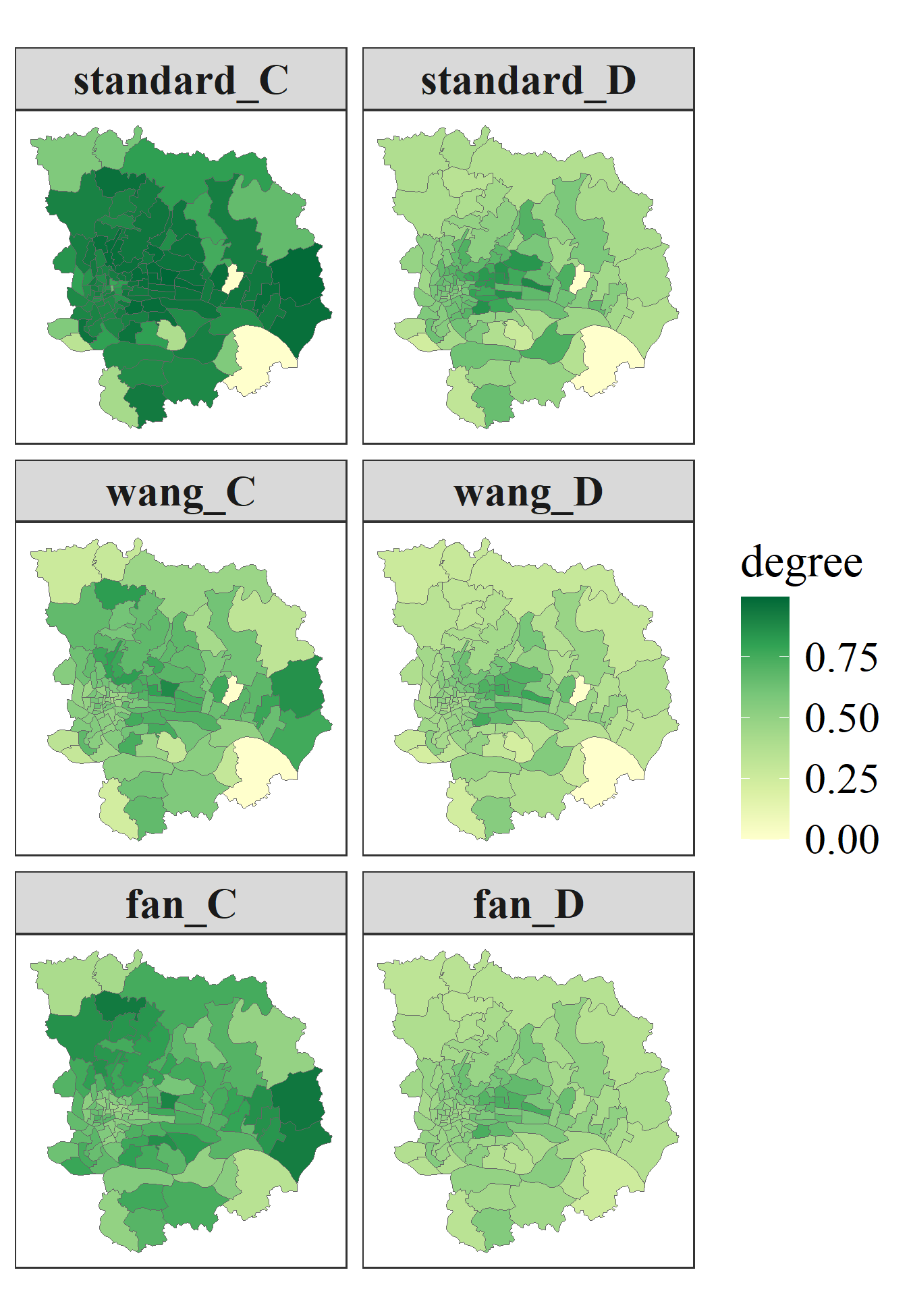 Figure 1. Spatial distribution of CCD components across three estimation methods. Panels display component C and component D derived from the standard, Wang, and Fan methods, respectively.