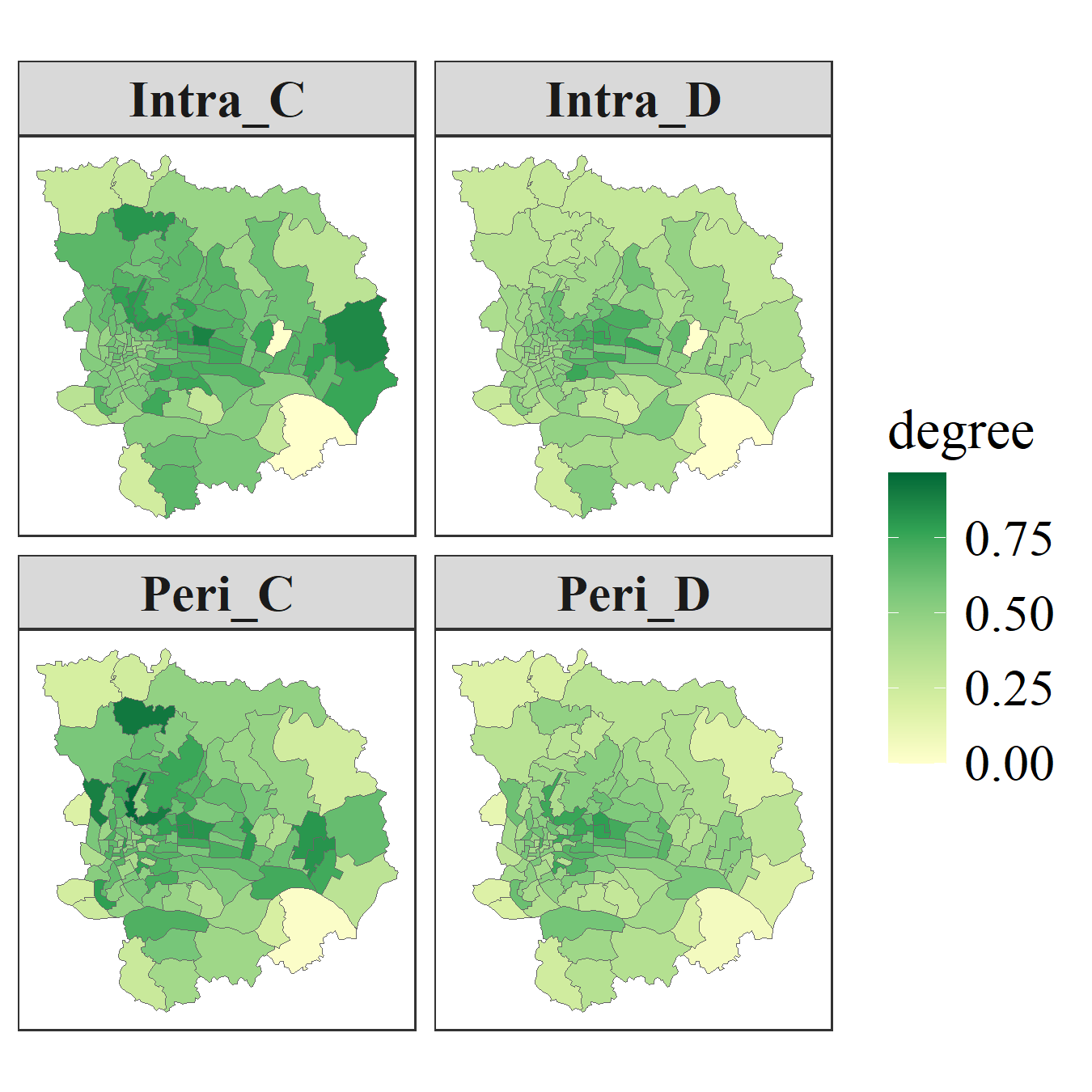 Figure 2. Spatial distribution of intra- and pericoupling CCD components based on the Wang formulation. Panels display coupling degree (C) and coordination degree (D) for intra- and pericoupling, respectively.