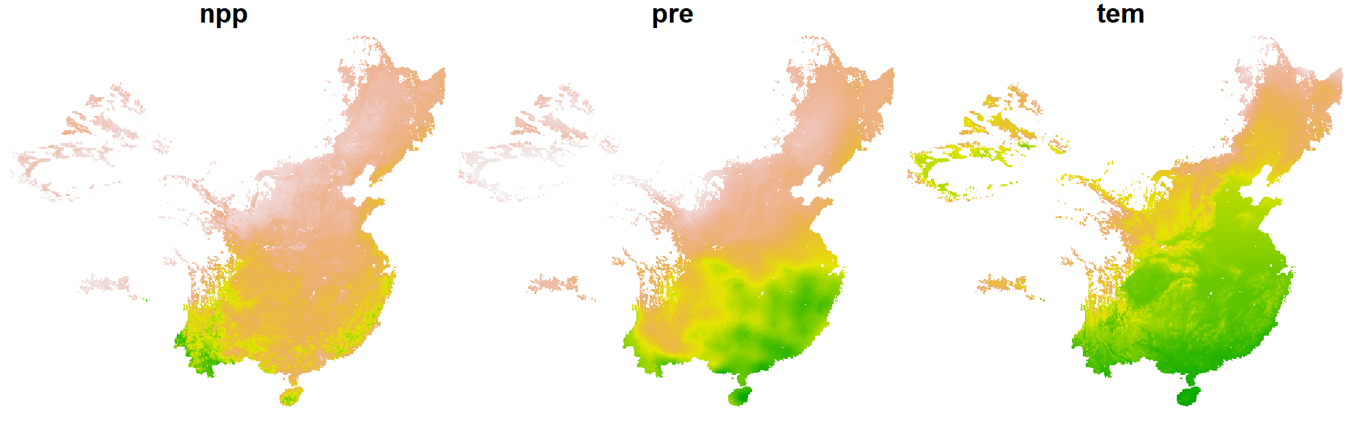 Figure 2. Maps of farmland NPP and climate factors.