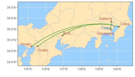 Figure 6. The prefectures most affected by Tokyo, Osaka, Kanagawa, Saitama, Chiba, Hyogo, and Aichi, are located on the map.